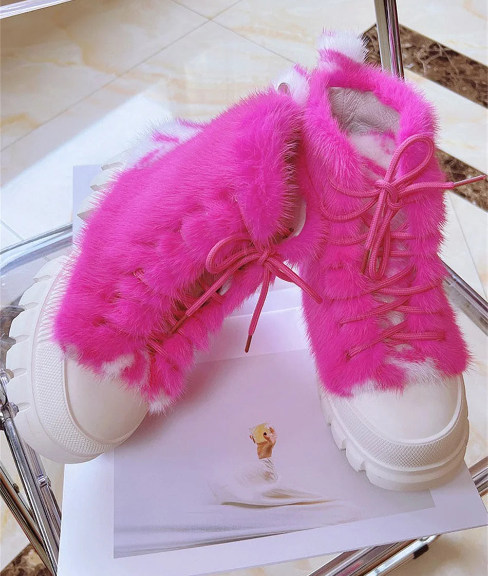 Real Mink Fur Boots Big Sole