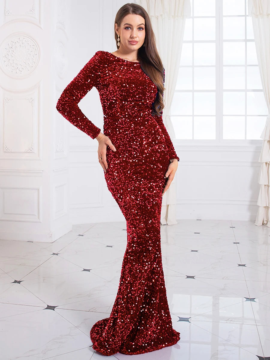 Sequin O Neck Sleeved Mermaid Long Dresses