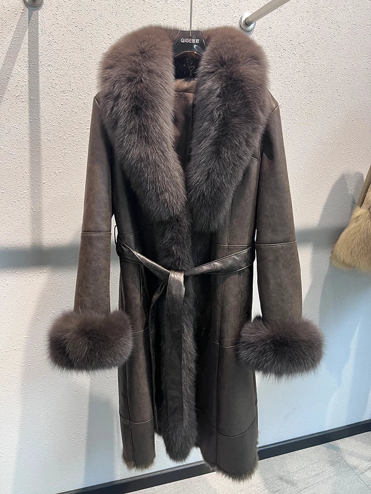 Genuine Leather Long Coats Real Fur Liner Collar Cuffs