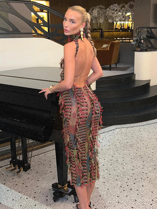 Colorful Knitted Tassel Long Dress