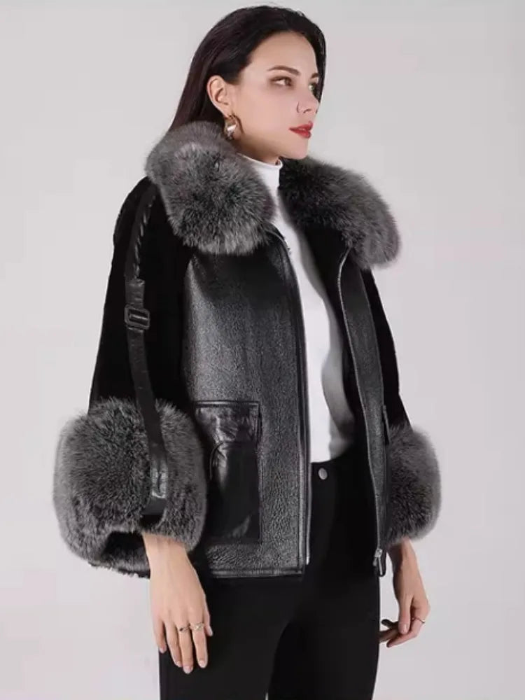 Genuine Leather Shearling Sleeve Real Fur Coats