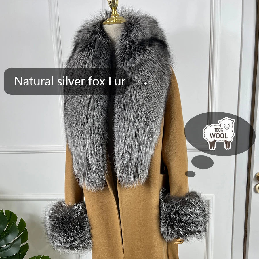 Cashmere Long Wool Coat Big Real Fur Collar Cuffs