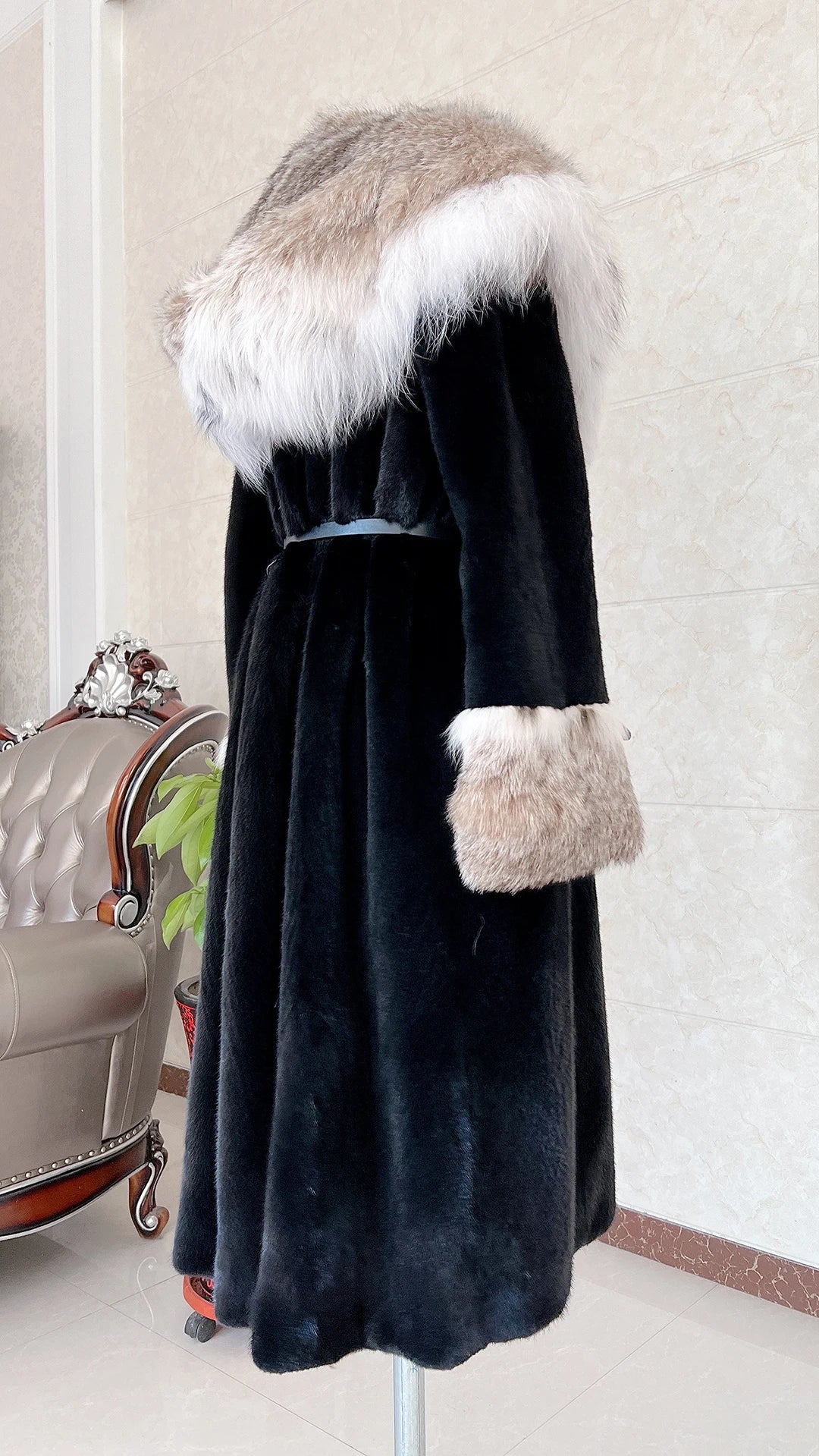 Luxury Lynx Collar Real Mink Fur Coats X-Long