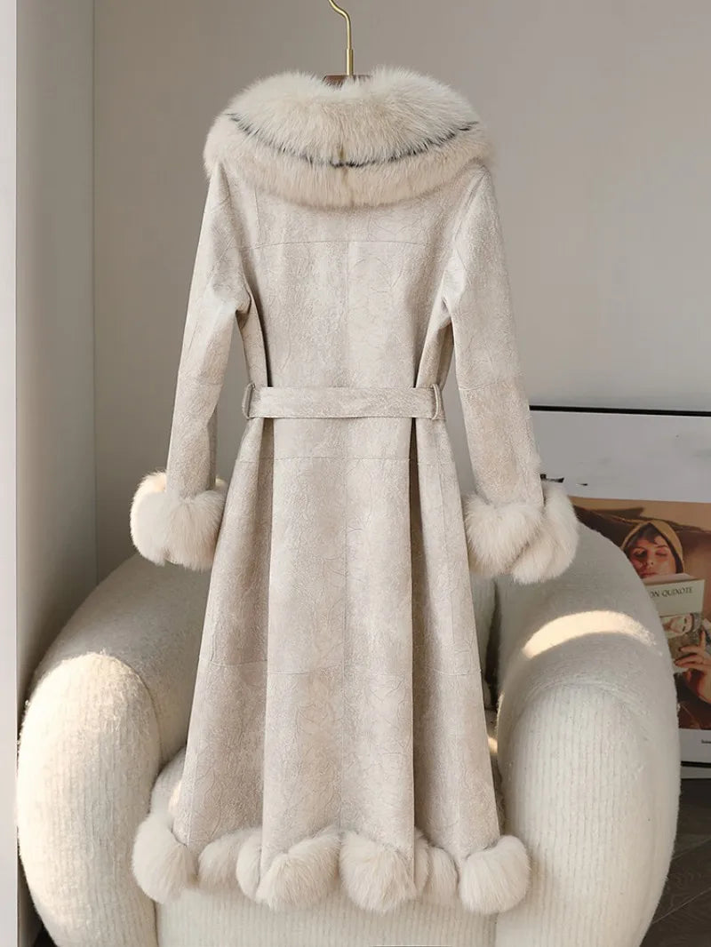 Genuine Leather Long Coats Suede Real Fur Lining Long & Collar