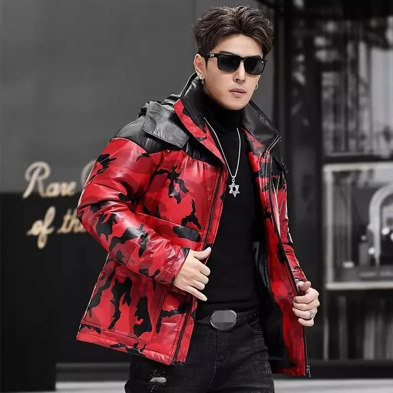 Red Camo Genuine Leather Down Coat