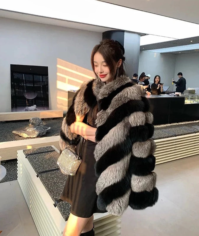 Silver & Black Pattern Real Fox Fur Coats