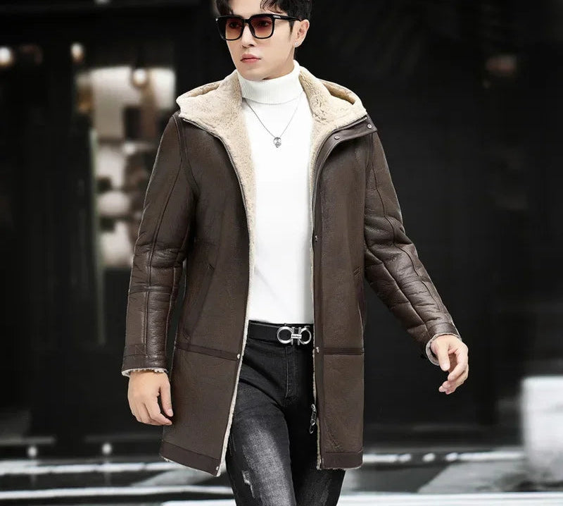 Genuine Leather Mid-length Coats Wool Liner Hooded