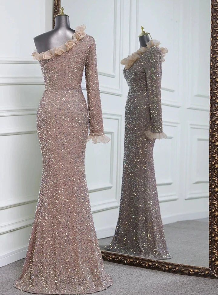 Sequins One Sleeve Lace Floor-Length Dresses