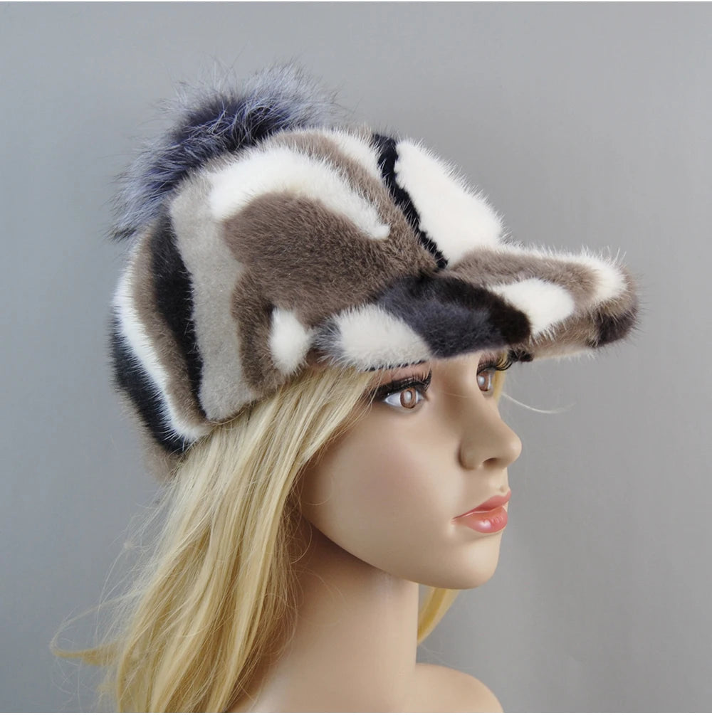 Colorful Real Mink Fur Bomber Hats Fur Pompom