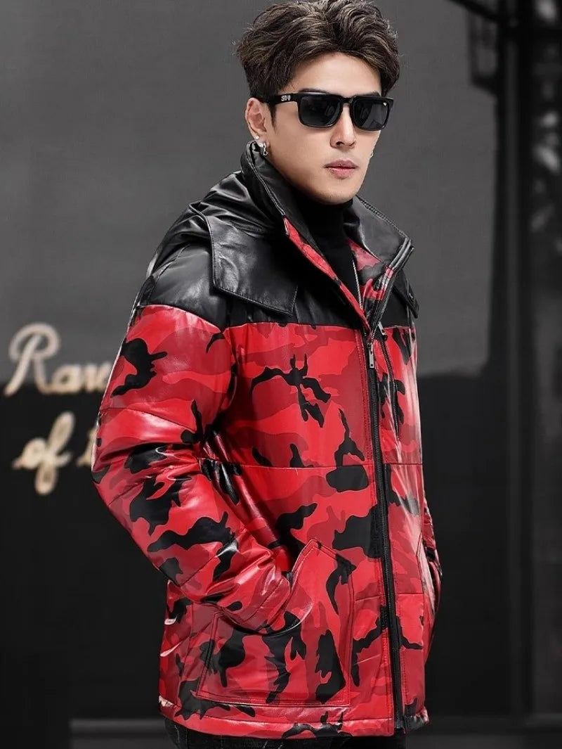 Red Camo Genuine Leather Down Coat