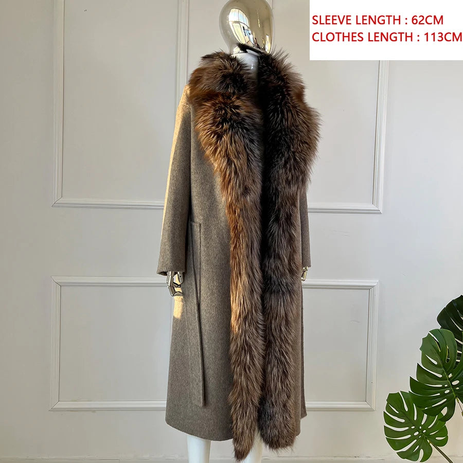 Cashmere Wool Long Coat Real Fur Collar