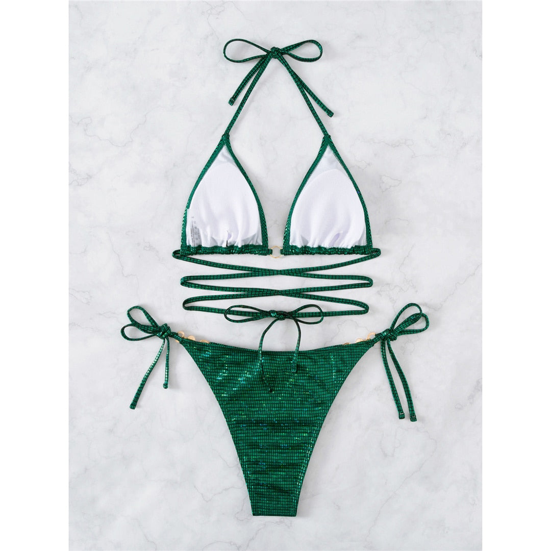 Green Shiny Halter Bikini Sets