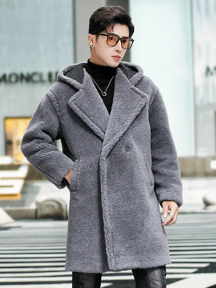 Cashmere Shearling Fur Hooded Long Wool Coat