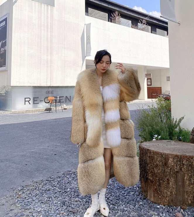 Long Thick Collar Real Fox Fur X-Long Coats