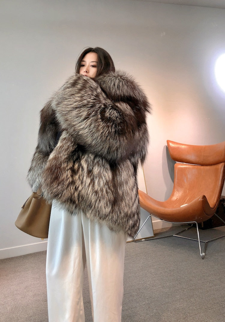 Luxury Dark Silver Real Fur Hooded Coat