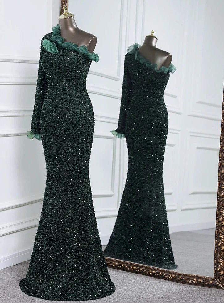 Sequins One Sleeve Lace Floor-Length Dresses