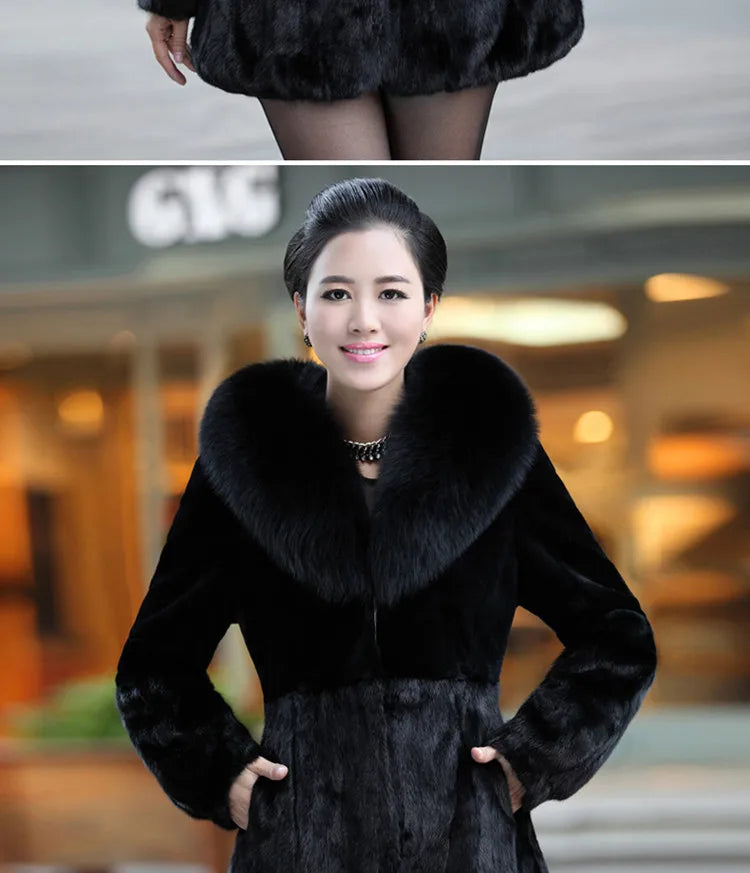 Real Rabbit Long Fur Coats Fox Fur Collar