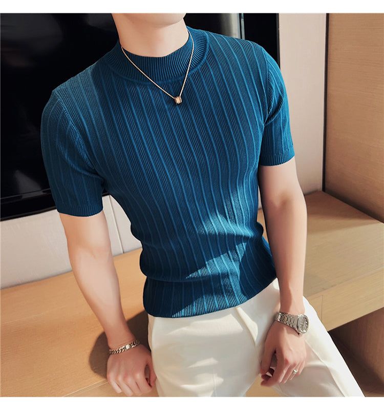 Ribbed Knitted Elasticity Half Collar T-Shirt