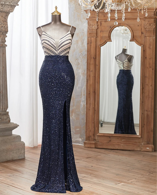 Sequin Sleeveless Strap High Slit Long Dresses