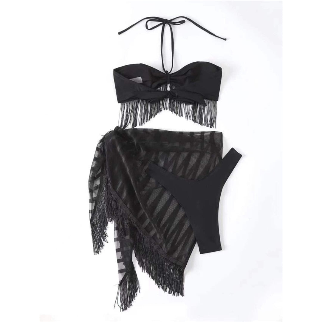 Sarong Fringe Tassel Bikini Sets & Mini Skirt