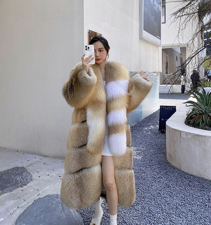 Long Thick Collar Real Fox Fur X-Long Coats