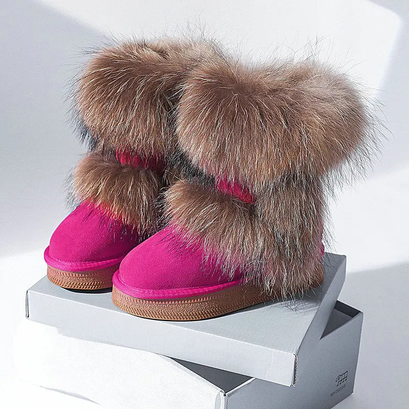 Genuine Leather Waterproof Snow Boots Real Fur