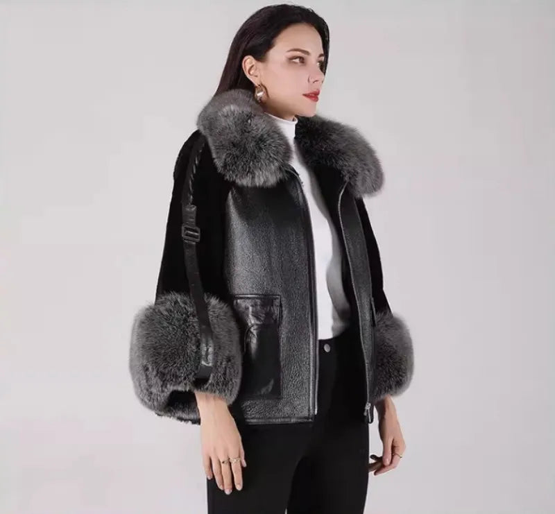 Genuine Leather Shearling Sleeve Real Fur Coats