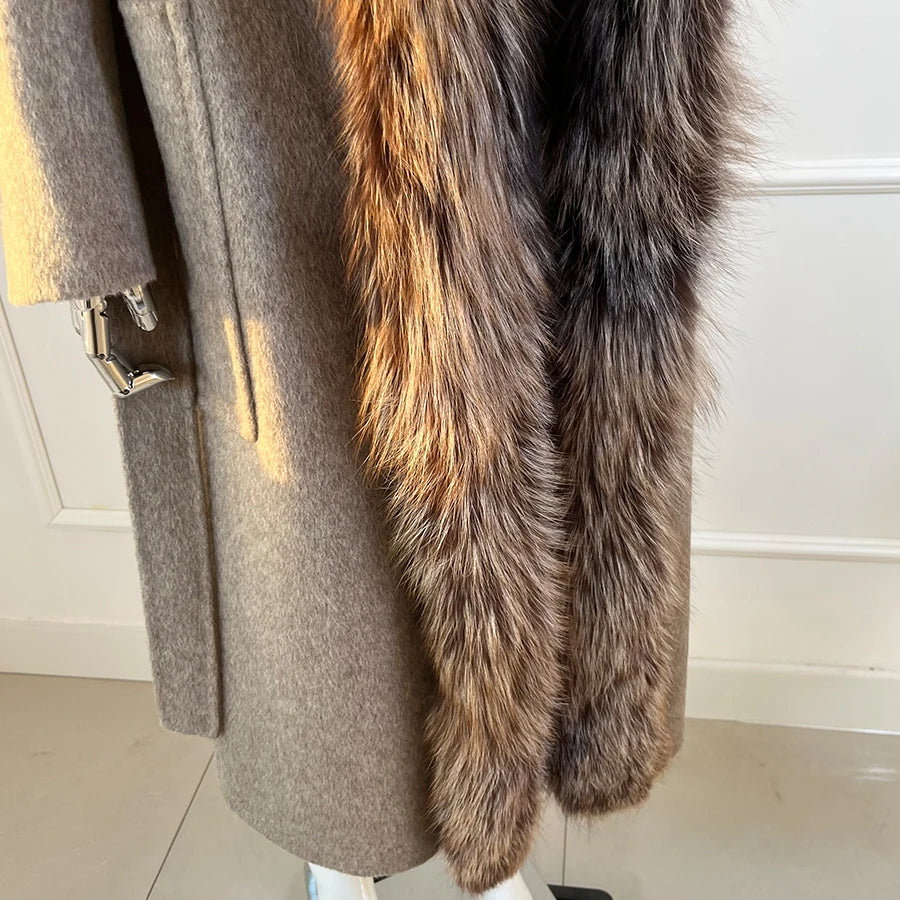 Cashmere Wool Long Coat Real Fur Collar