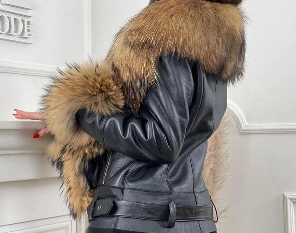 Genuine Leather Real Collar & Cuff Fur Coats