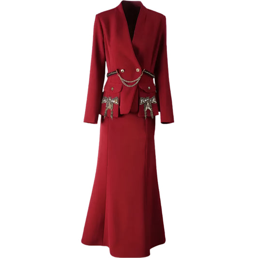 V-Neck Long sleeve Double Button Beading Sets