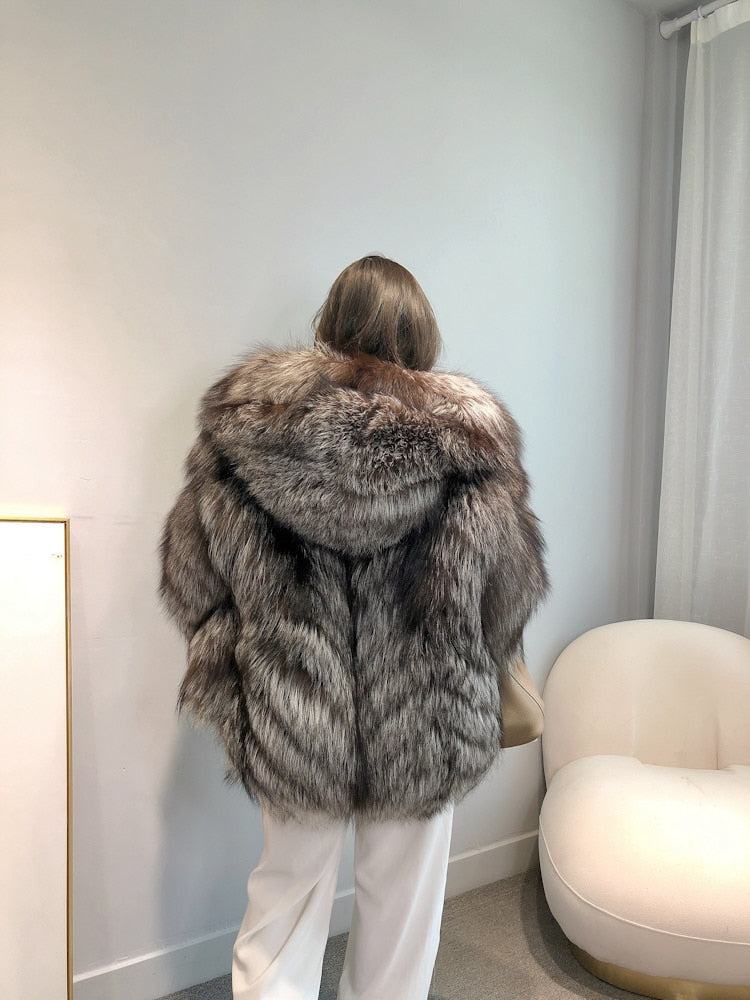 Luxury Dark Silver Real Fur Hooded Coat