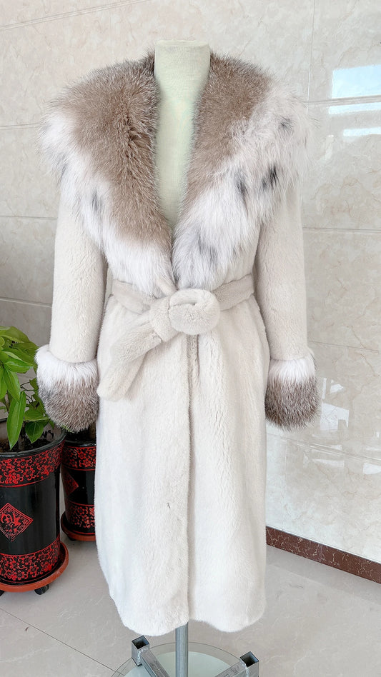 Luxury Lynx Collar Real Mink Fur Coats X-Long