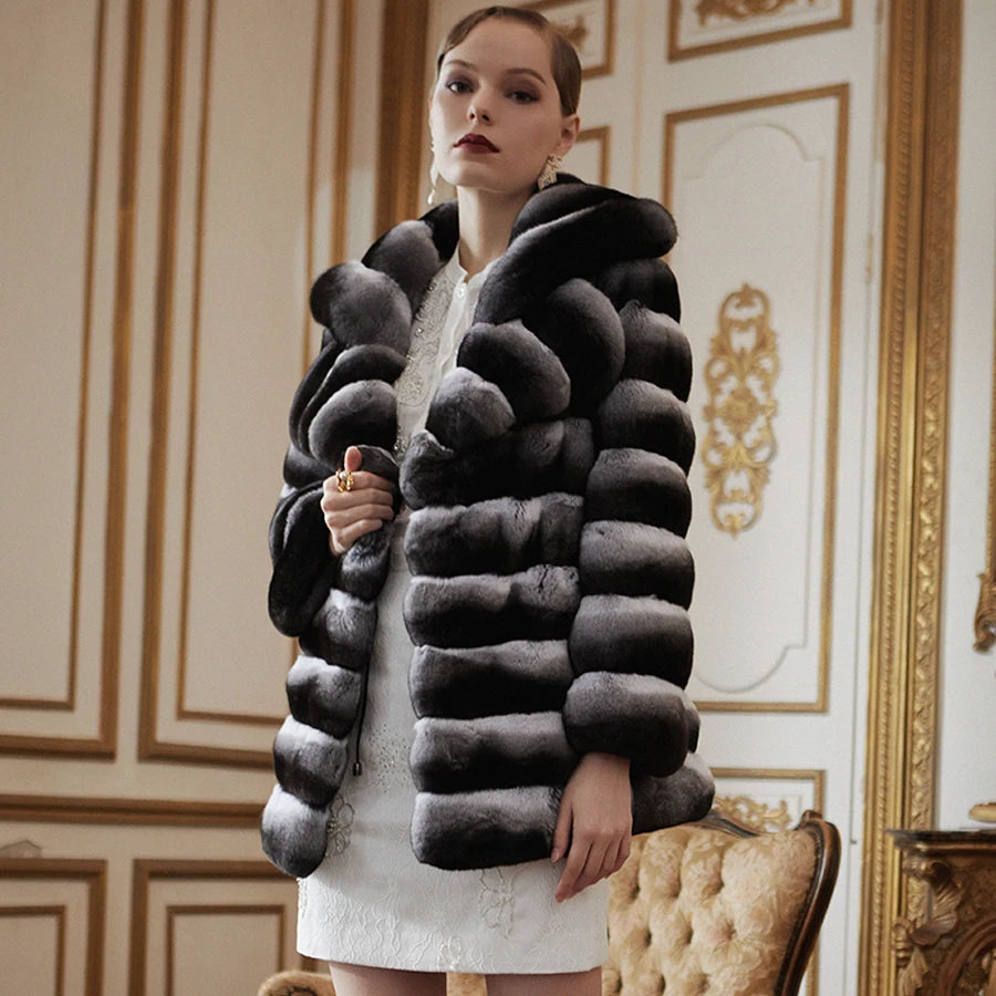 Chinchilla Style Real Fur Coat Mid Length Big Collar