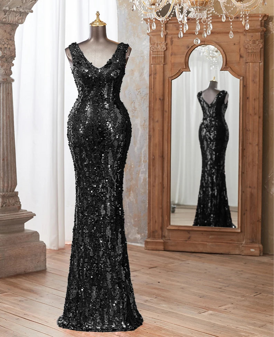 Sparkling Sequin V Sleeveless Mermaid Long Dresses