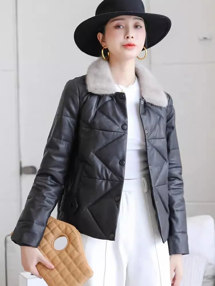 Genuine Leather Down Coat Mink Collar