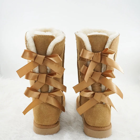 Genuine Leather Snow Boots 3 Back Bow