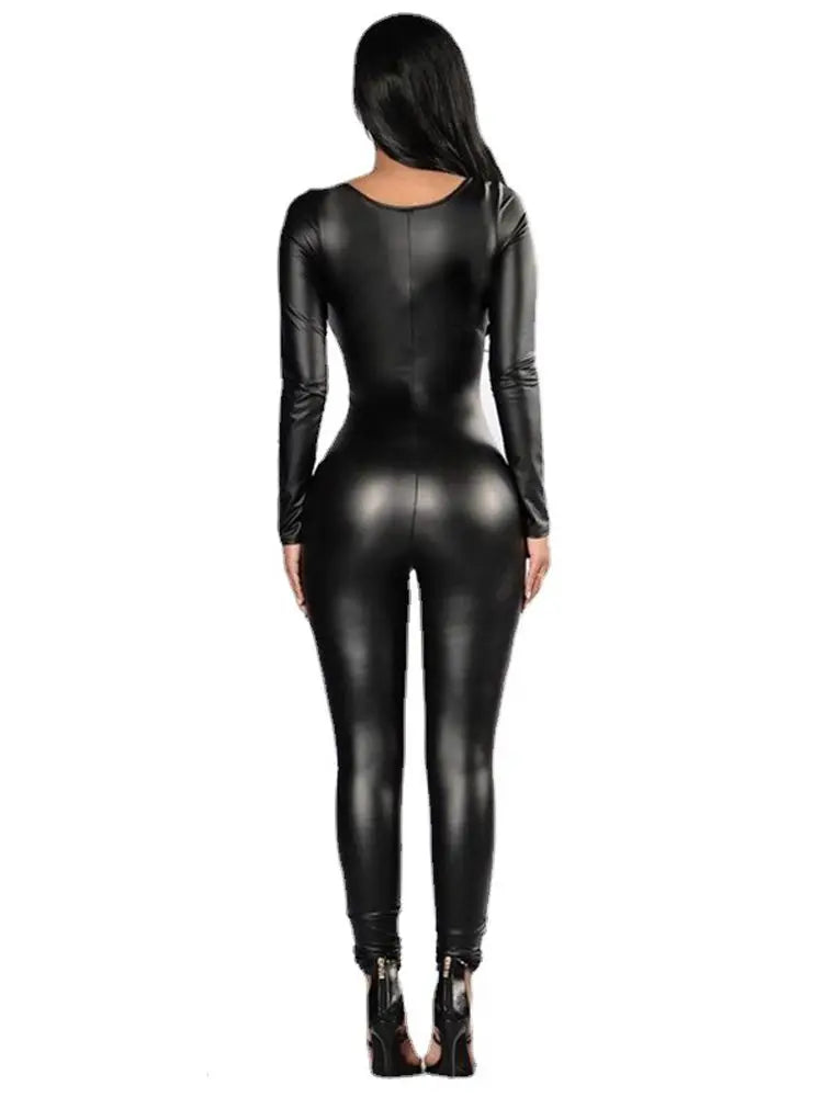 PU Leather Elastic Long Sleeve Jumpsuit