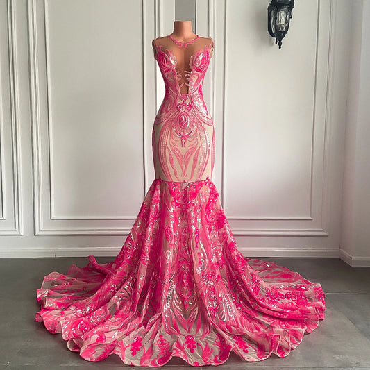 Sequin Sheer O-neck Sleeveless Mermaid Gowns