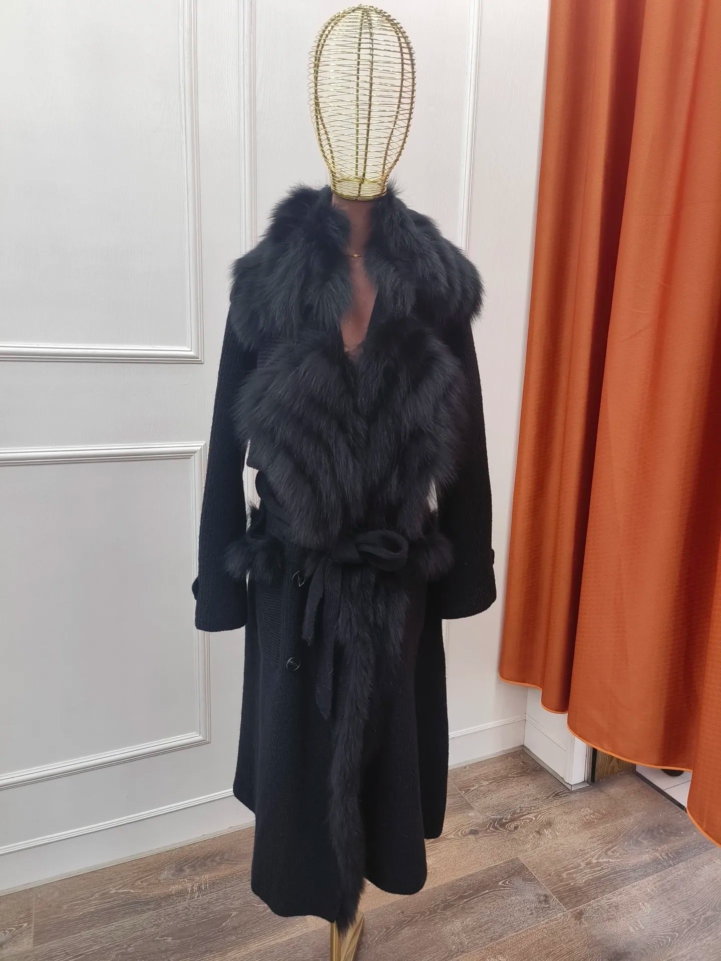 Real Fur Knitted Collar Long Wool Coats