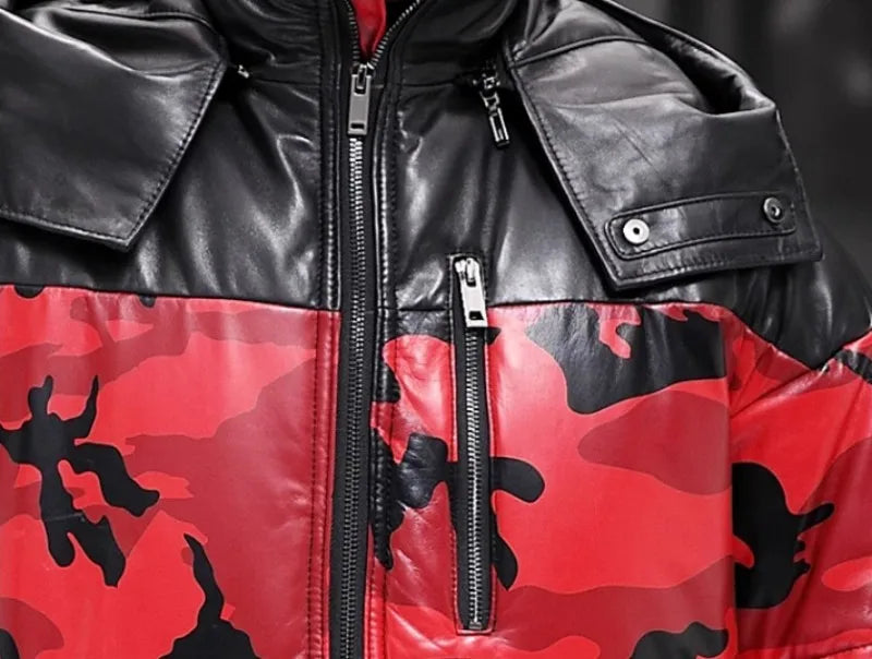 Red Camo Genuine Leather Down Coat