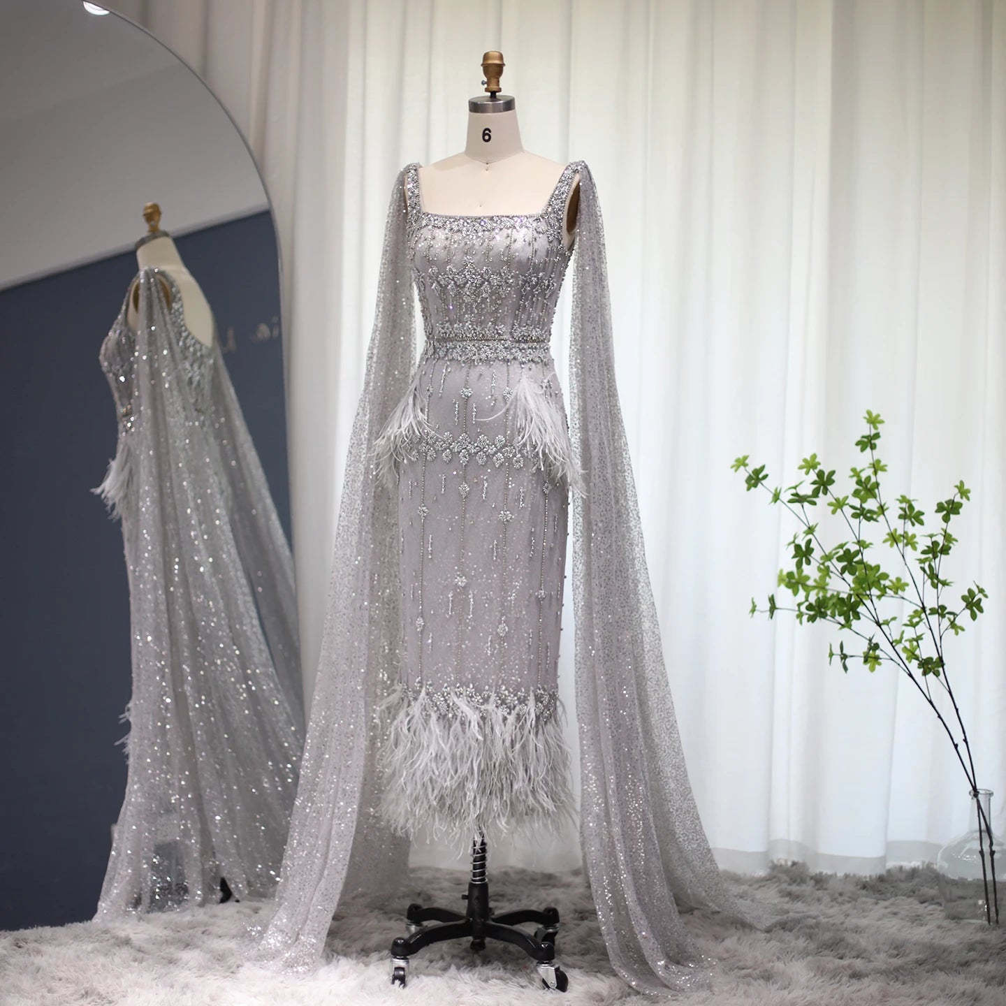 Rhinestone Feather Cape Sleeve Formal Dresses