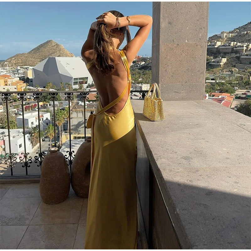 Yellow Backless Sleeveless Maxi Dress