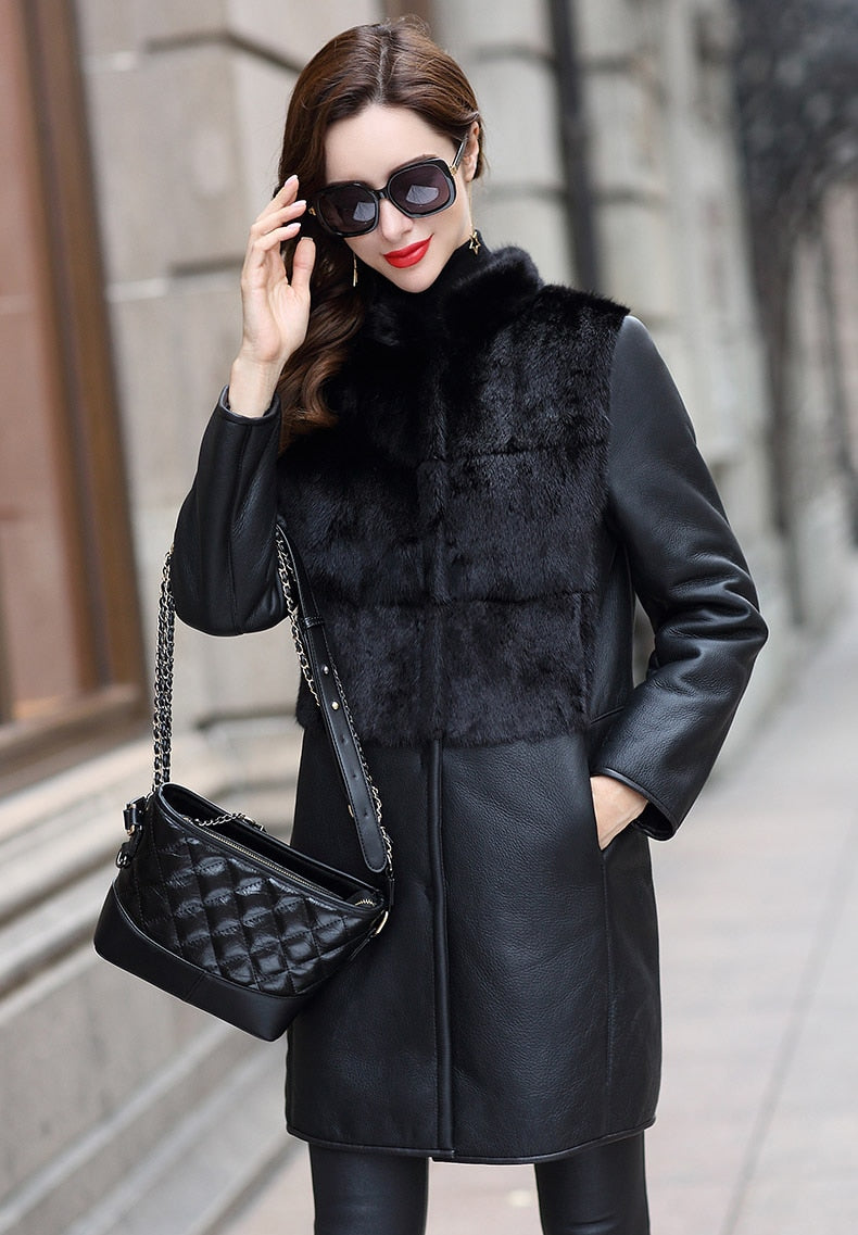 Genuine Leather Mink Fur Coats Shearling Liner