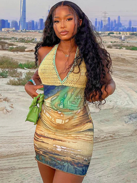 Crochet Deep V Cut Out Printed Dress