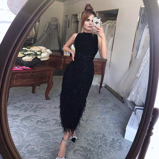 Elegant Feather Beads Sleeveless Long Dresses