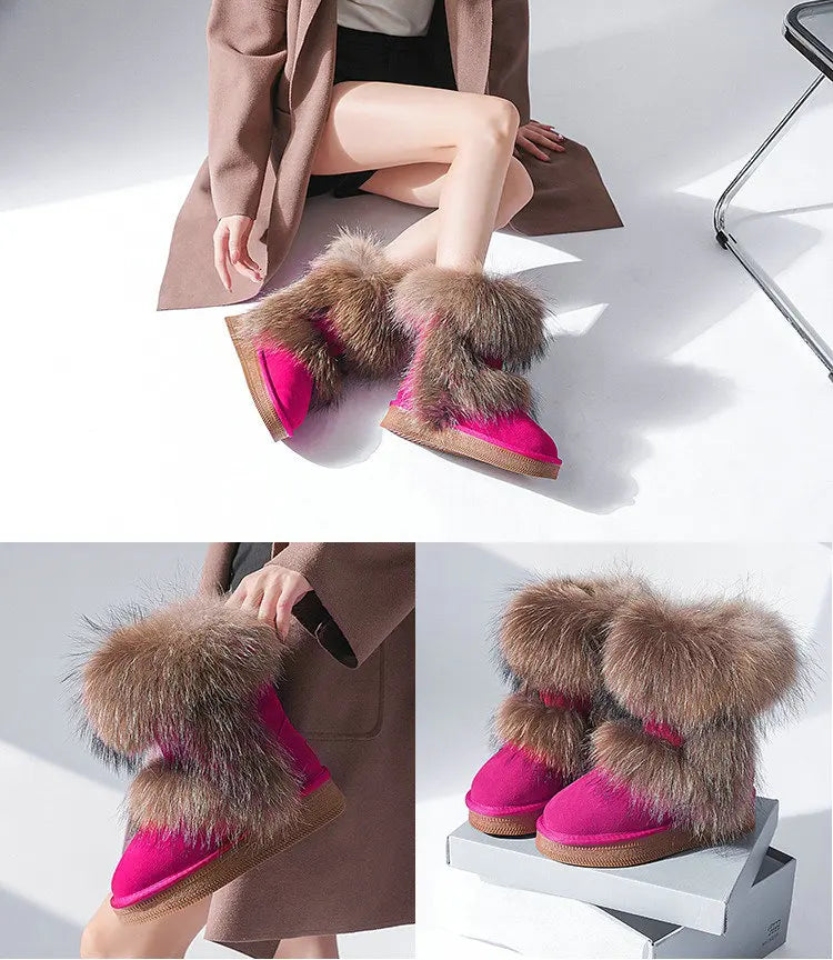 Genuine Leather Waterproof Snow Boots Real Fur