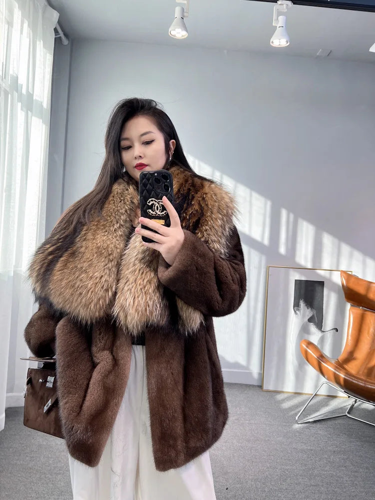 Luxury Real Mink Fur Coat Huge Fox Fur Collar