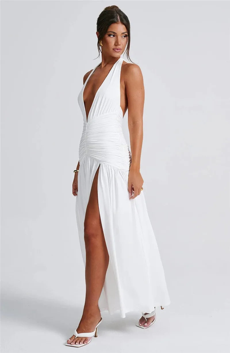 Halter Deep V Thigh High Split Maxi Dresses