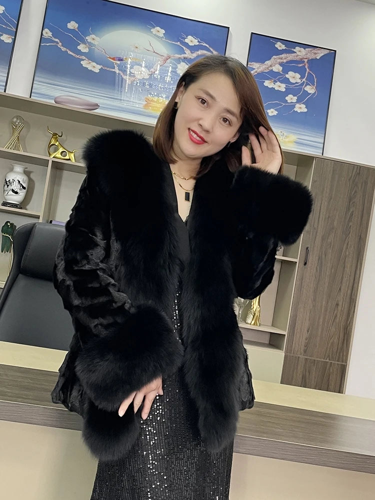 Real Mink Fur Coat Fox Fur Collar and Cuffs