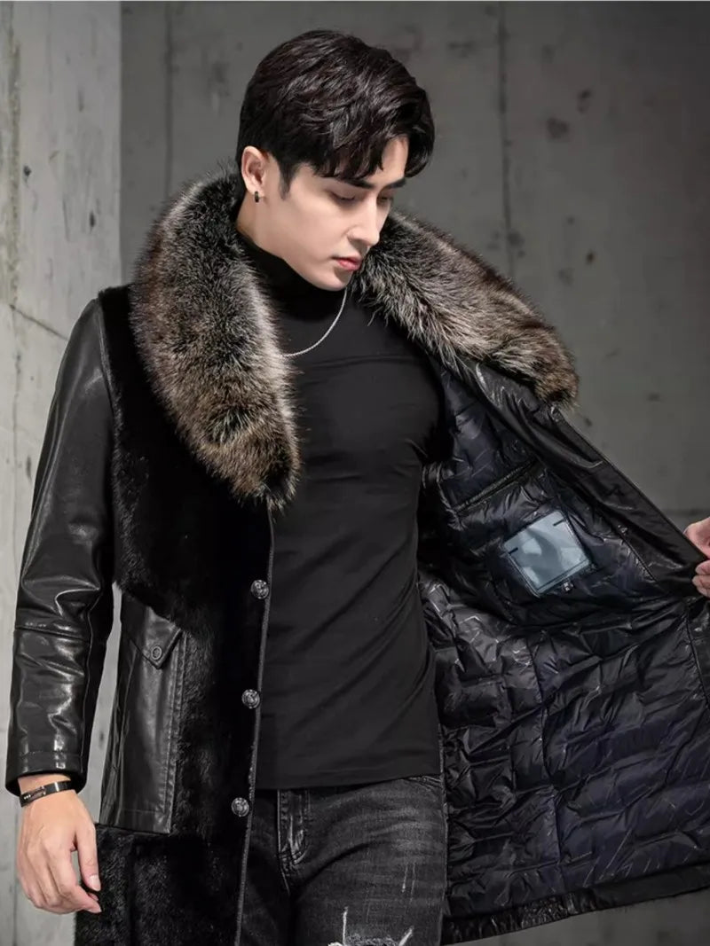 Genuine Leather Down Mink Fur Coats Real Fur Collar